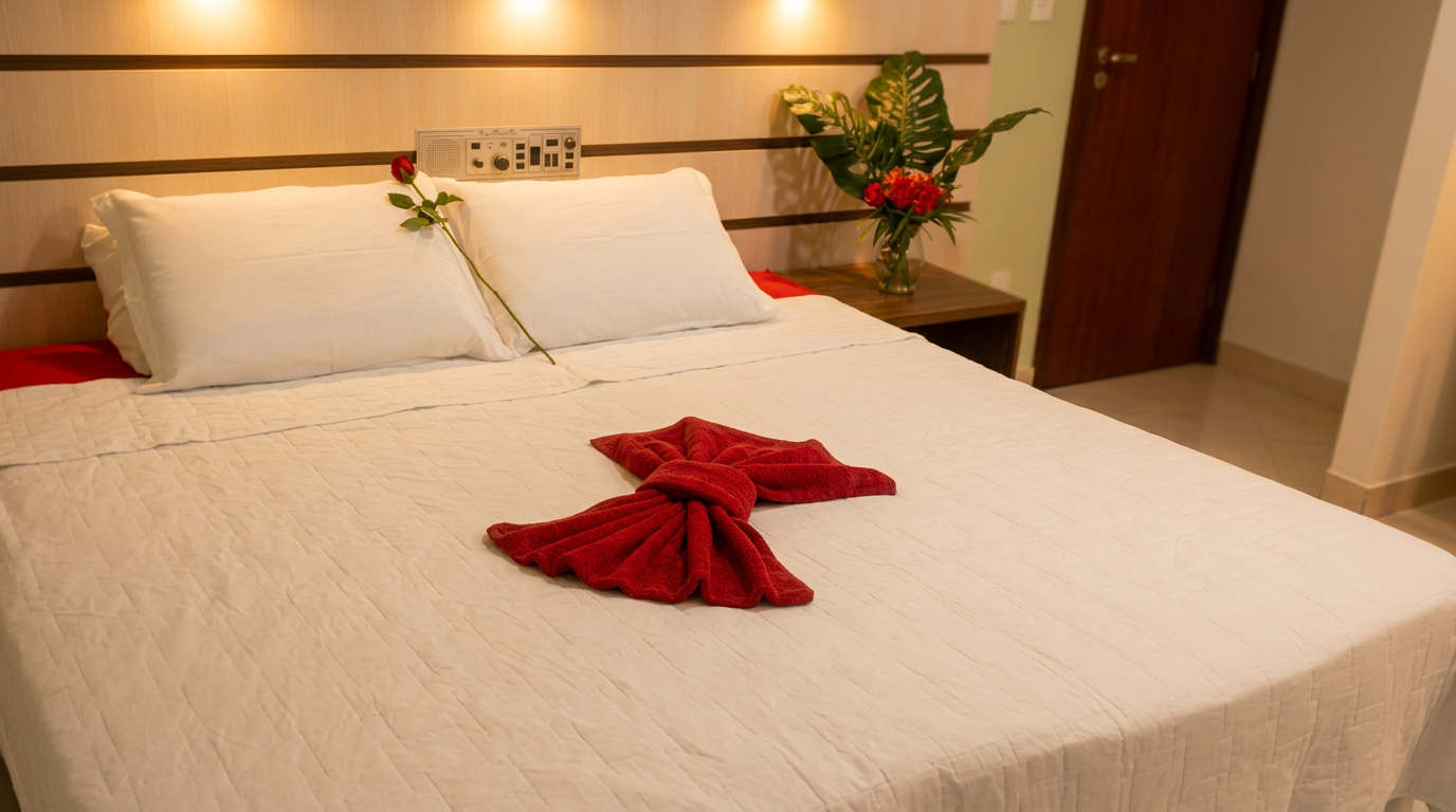 Cama decorada com rosa e toalha vermelha