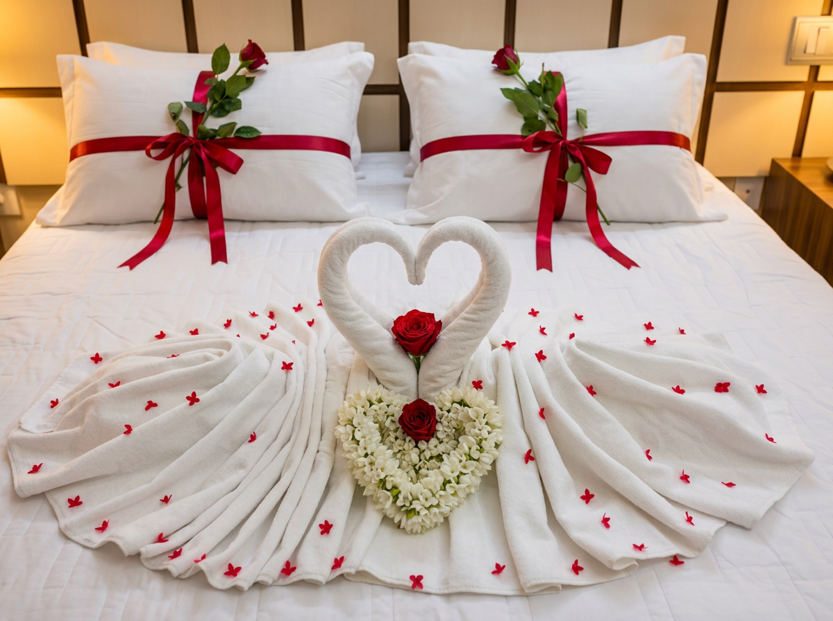 Decoração com cisnes de toalha da Suíte Romântica